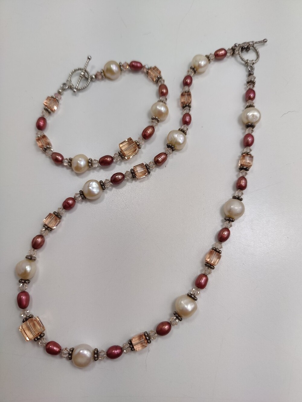 925 Sterling Silver Pearl & Crystal Necklace Bracelet Set Pink Cream Peach